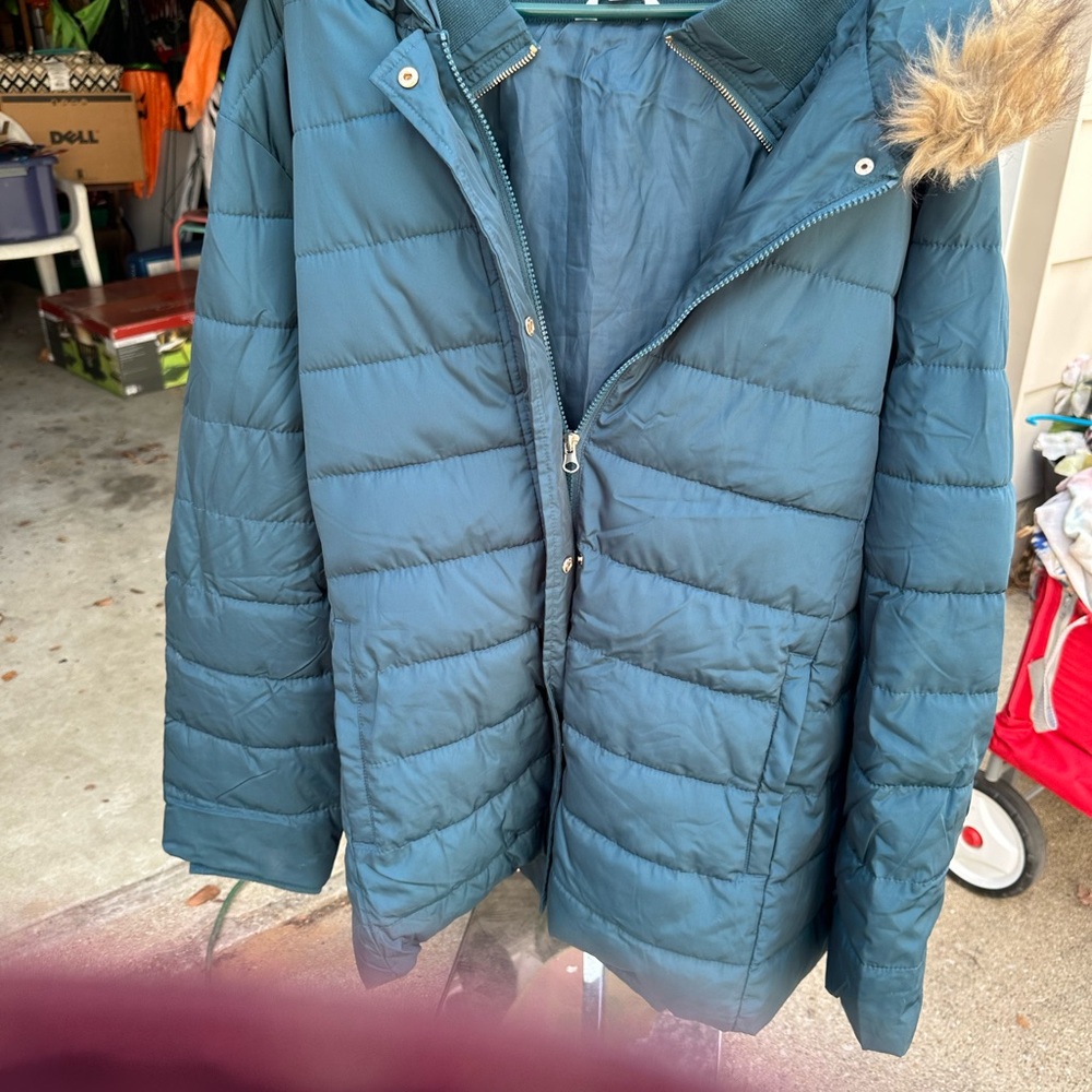 Women's Teal Puffer Jacket with Faux Fur Trim 3x